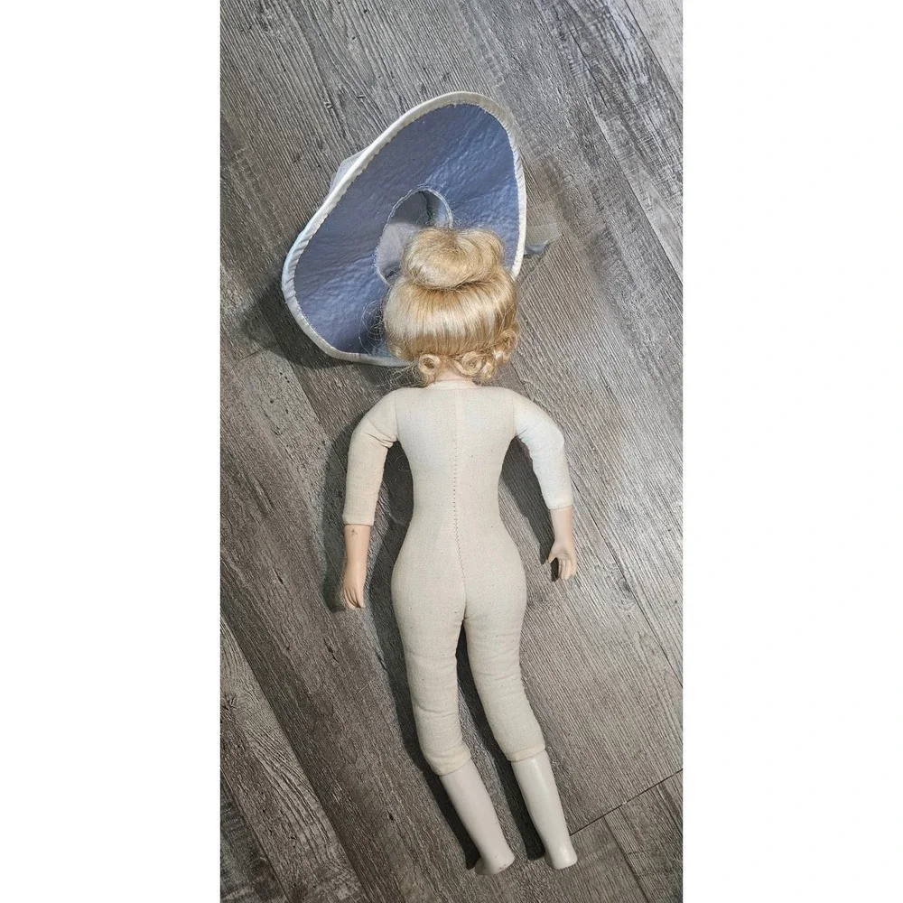 Vintage Porcelain Doll 19 Inch Blue Satin Lace‎ Dress Blonde Hair Blue Eyes Hat
